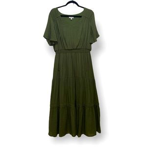 LUXOLOGY Olive Green V-Neck Midi Dress